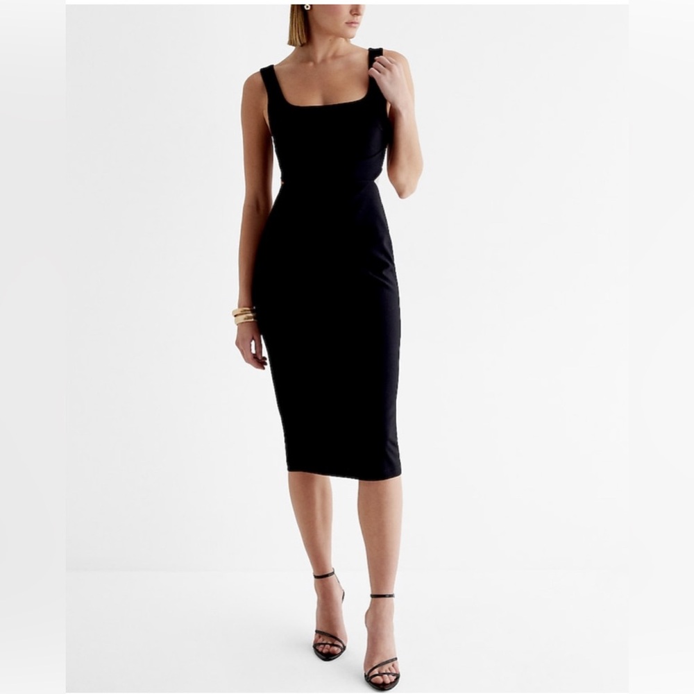 Express Black Sheath Midi Dress Square Neck w/ Side Cutouts